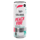 Celsius Peach Vibe Sparkling White Peach Flavour (355ml) is a sugar-free energy drink with high caffeine, offering essential energy in a white can with pink and teal accents.